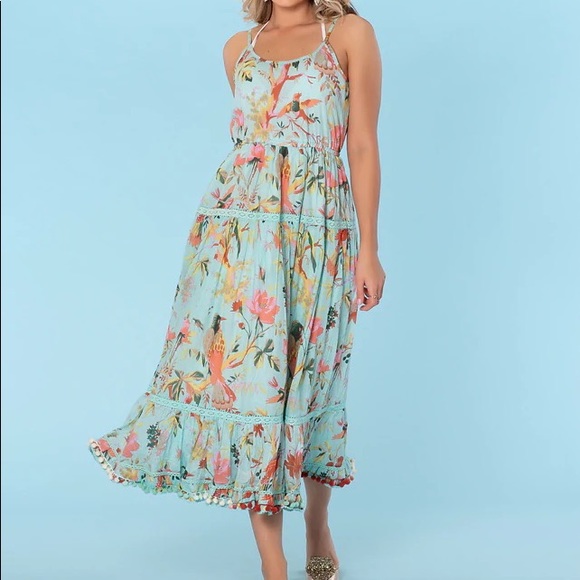 Maxi Spring Boho Dress in Tropical Bird Print Fabric Trimmed in Lace - Small - Picture 7 of 17